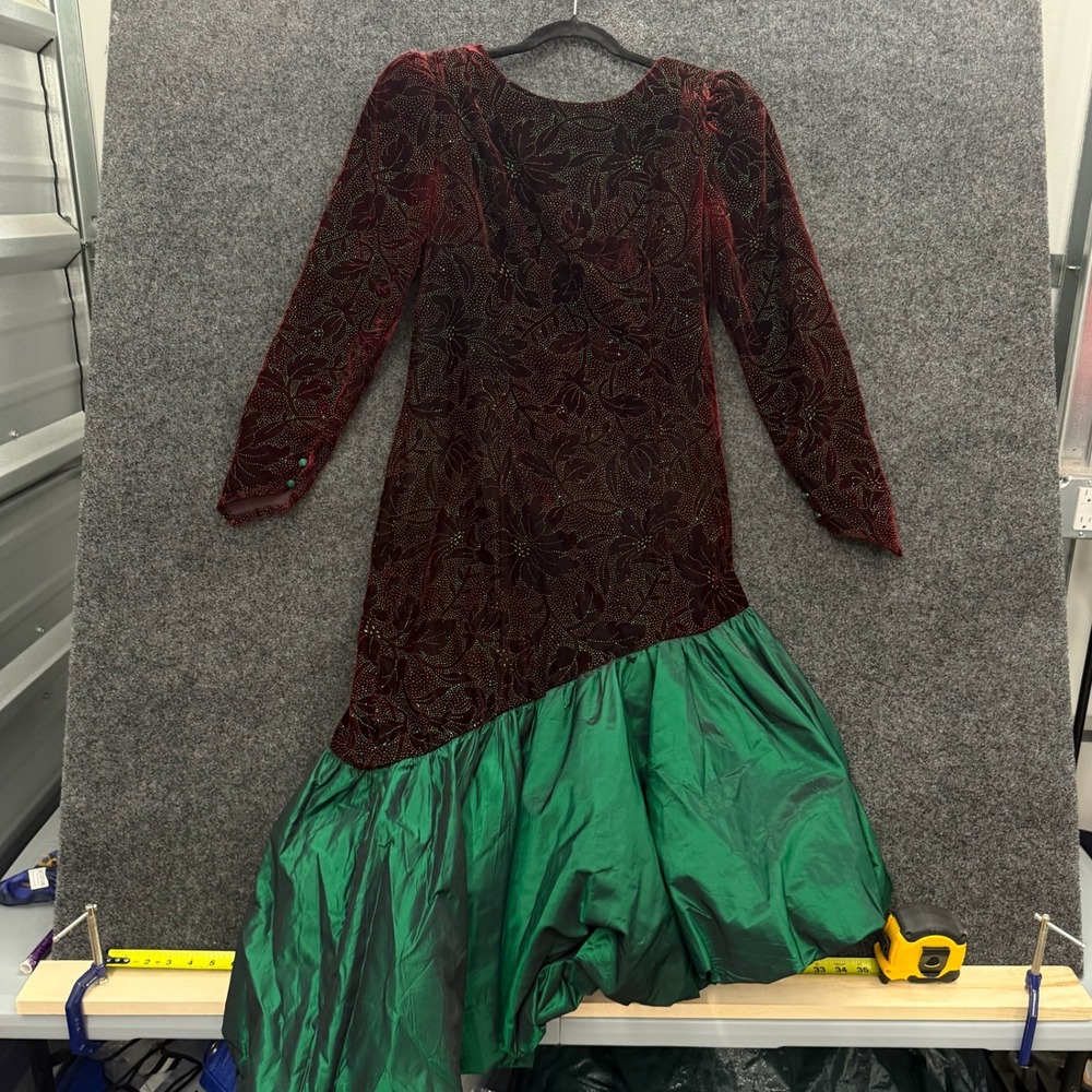 Vintage 80s Burgundy Velvet Green Taffeta Bubble Hem Drop Waist Prom Dress Gown